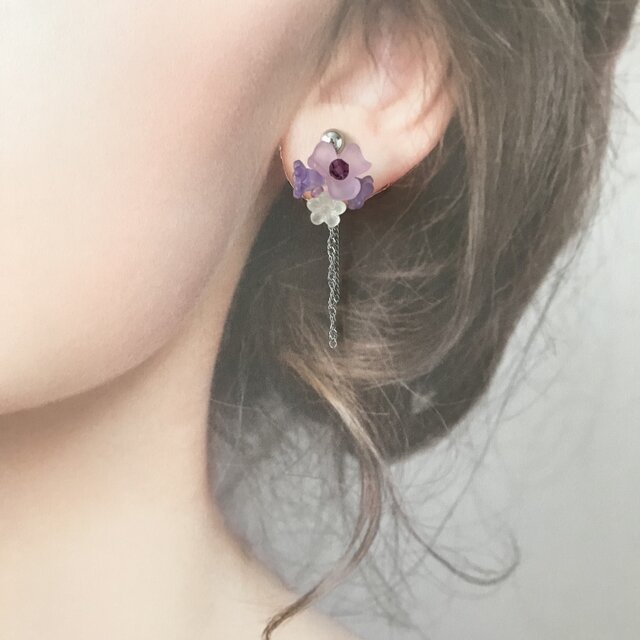 フラワー ブーケ イヤリング パープル パステルカラー 花 紫 紫陽花