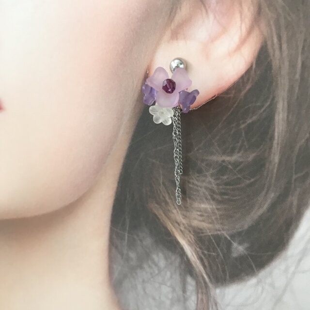 フラワー ブーケ イヤリング パープル パステルカラー 花 紫 紫陽花