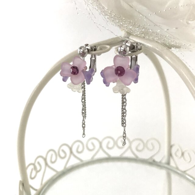 フラワー ブーケ イヤリング パープル パステルカラー 花 紫 紫陽花