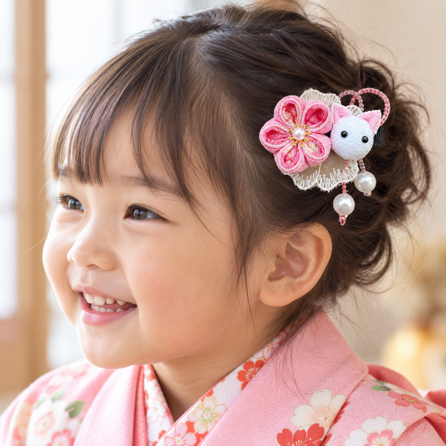 つまみ細工】ねこのベビーヘアクリップ｜選べる4色 七五三・ひな祭り