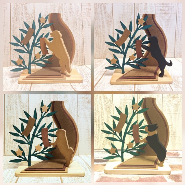 七夕　七夕飾り　ハンドメイド　木工　織姫と彦星　人形　置物　笹の葉　短冊　和紙 受注制作】七夕の木製置物｜織姫と彦星・笹と短冊｜犬猫など動物変更可