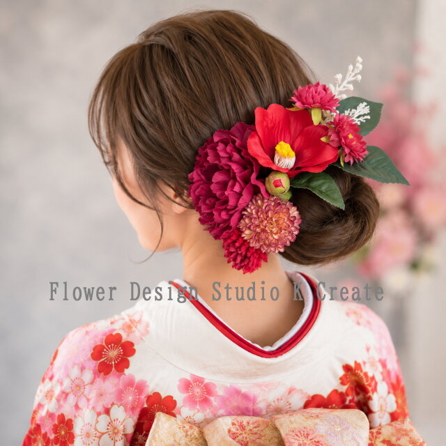 成人式・結婚式・卒業袴に♡ローズピンクのピオニーと椿のヘッドドレス