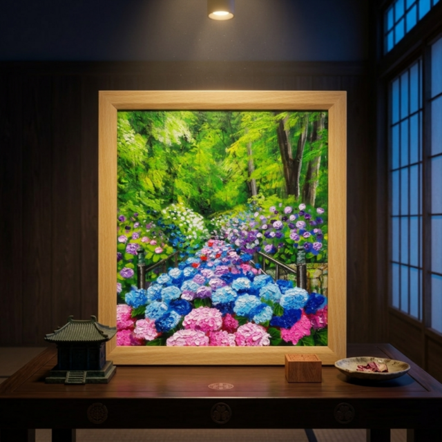 油絵【古都の万華鏡〜大和あじさい巡礼〜】油彩画 絵画 原画 初夏 梅雨