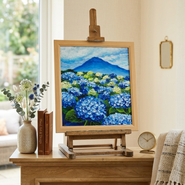油絵 絵画【青の情景 〜富士と紫陽花の咲く丘〜】油彩画 風景画