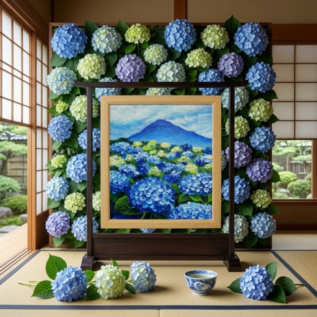 油絵 油彩 油彩画 絵画 絵【紫陽花と富士山】 油絵 絵画【青の情景 〜富士と紫陽花の咲く丘〜】油彩画 風景画