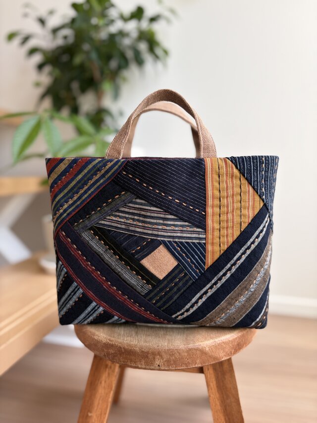 襤褸古布　ミニボストン　ハンドメイド 古布・縞模様のちょっとそこまでミニバッグ | iichi 日々の暮らしを