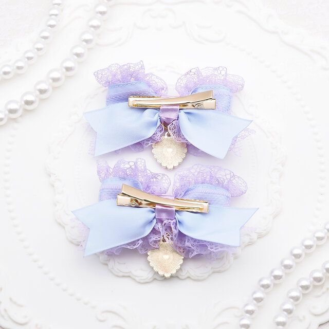 handmade♡♡ピアノ鍵盤柄 フリルツインヘアクリップ パープル ヘアクリップ リボン 量産型 地雷 ロリータ フリル 紫 ピンク ブルー