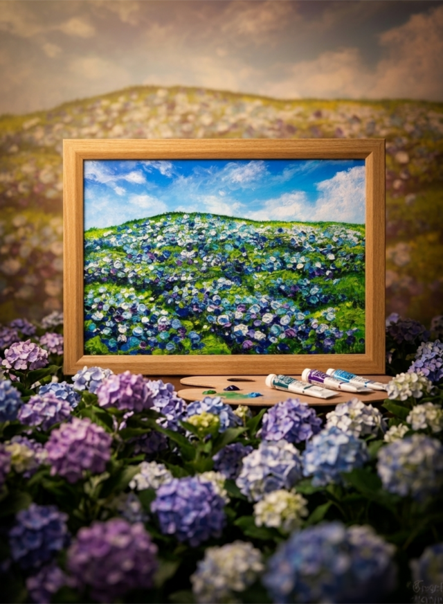 油絵 油彩 油彩画 絵 絵画【紫陽花の丘】 原画】初夏の紫陽花の丘 油絵 絵画 インテリア 額縁付 | iichi 日々の