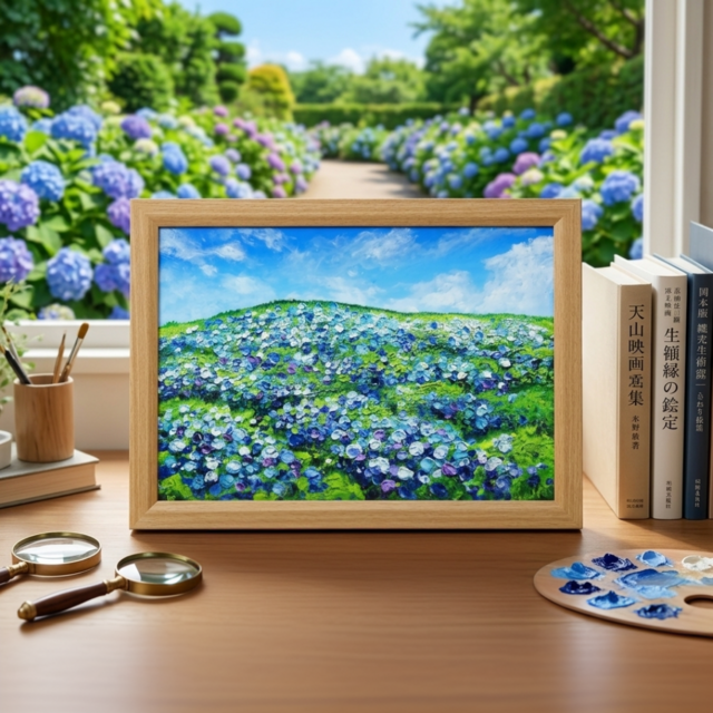 原画】初夏の紫陽花の丘 油絵 絵画 インテリア 額縁付 | iichi 日々の