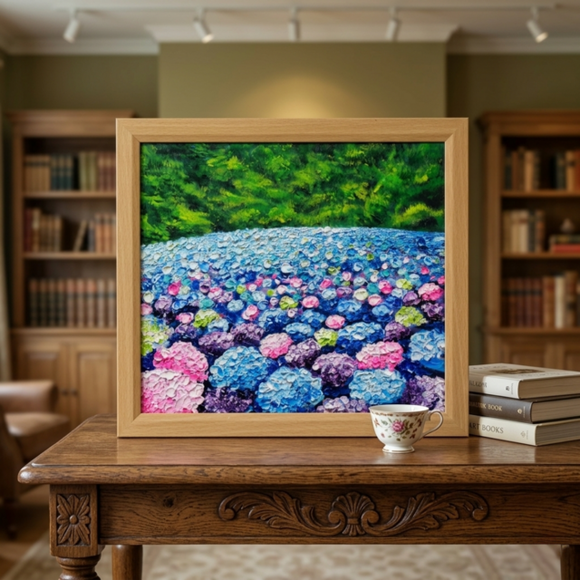 原画】あじさいのワルツ＊梅雨を彩る紫陽花畑の油絵（額縁付） | iichi