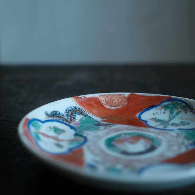赤で素敵◇鳳凰と松竹梅。時代赤絵印判小皿 骨董・antiques 古民家 古