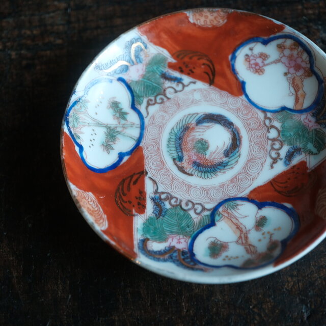 赤で素敵◇鳳凰と松竹梅。時代赤絵印判小皿 骨董・antiques 古民家 古