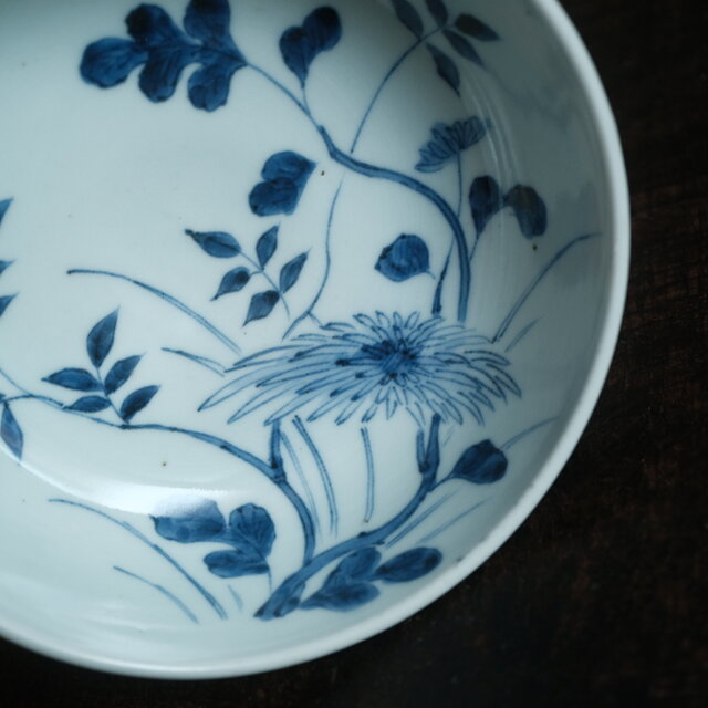 菊花の絵付け◇伊万里 草花文染付平鉢 骨董・antiques アンティーク和