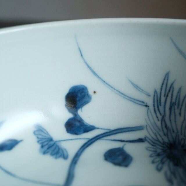 菊花の絵付け◇伊万里 草花文染付平鉢 骨董・antiques アンティーク和