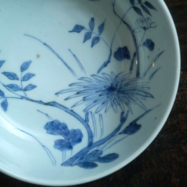 菊花の絵付け◇伊万里 草花文染付平鉢 骨董・antiques アンティーク和