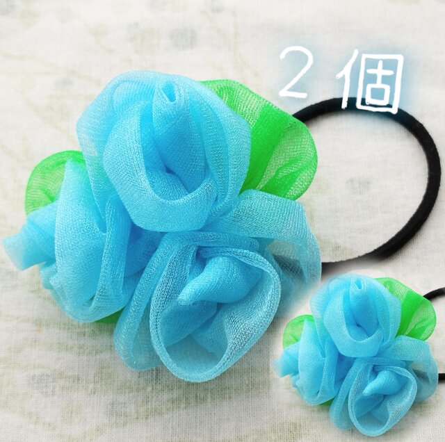 水色薔薇のブーケ風ヘアゴム2個セット | iichi 日々の暮らしを心地よく