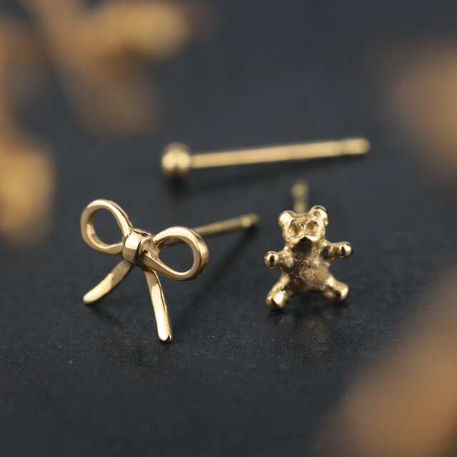K18/くまモチーフピアス｜片耳販売 テディベア 甘くなりすぎないくま