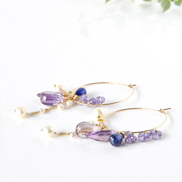 揺れる紫陽花色｜アメジストとタンザナイトの着せ替えフープピアス