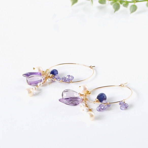 揺れる紫陽花色｜アメジストとタンザナイトの着せ替えフープピアス