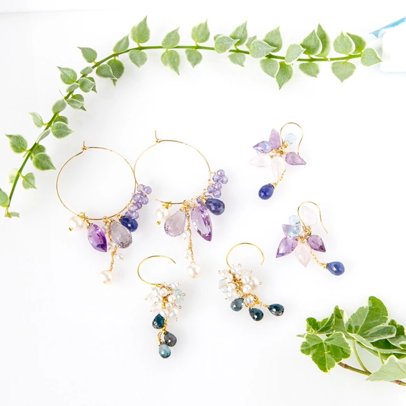 揺れる紫陽花色｜アメジストとタンザナイトの着せ替えフープピアス