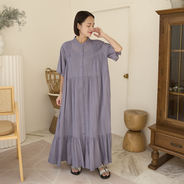 着丈調整可能✨】軽やかコットンピンタックティアードシャツワンピース