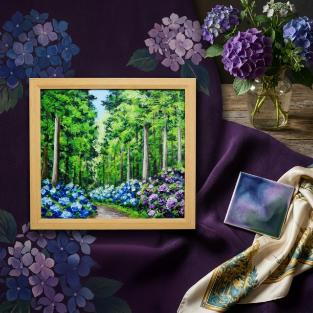 油絵「青と紫の幻想回廊」あじさい 額縁付／絵画 紫陽花 インテリア 原画 油絵「青と紫の幻想回廊」あじさい 額縁付／絵画 紫陽花 新緑 初夏