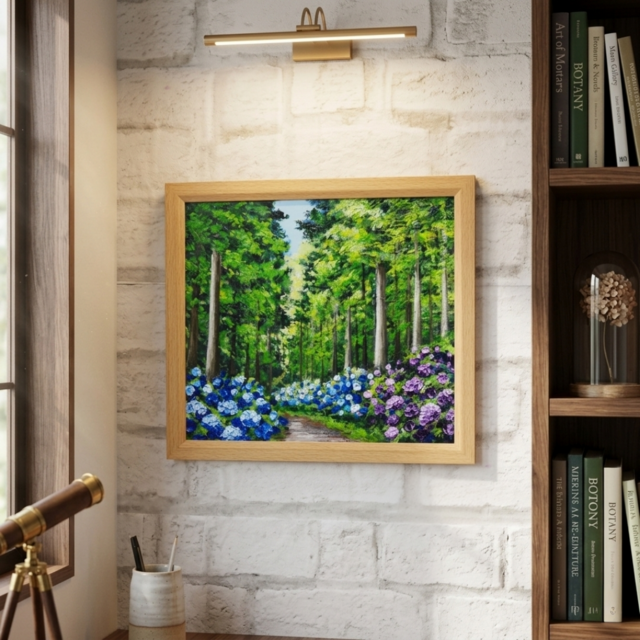 油絵「青と紫の幻想回廊」あじさい 額縁付／絵画 紫陽花 新緑 初夏