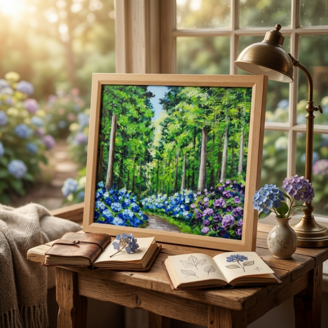 油絵「青と紫の幻想回廊」あじさい 額縁付／絵画 紫陽花 新緑 初夏