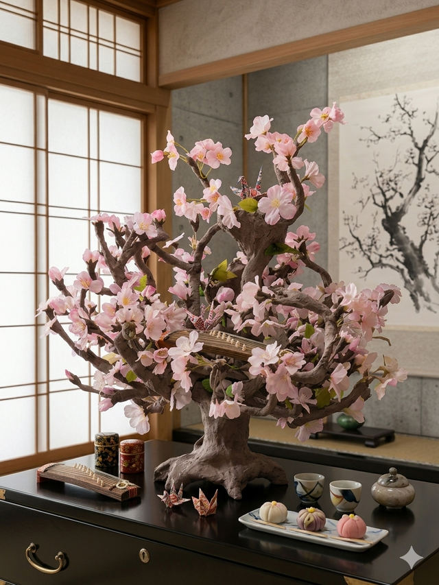 花台　山桜　菊菱彫刻　木工房JIN(手作り一点物) 一点物】和モダンの桜の木オブジェ －松山庭園美術館展示作品