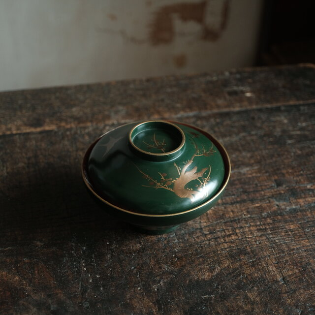 梅と鳥◇深緑で素敵。時代物 漆芸蒔絵蓋付椀 古漆器 骨董・antiques