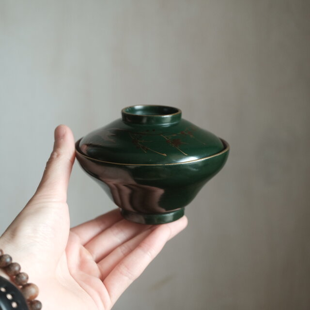梅と鳥◇深緑で素敵。時代物 漆芸蒔絵蓋付椀 古漆器 骨董・antiques
