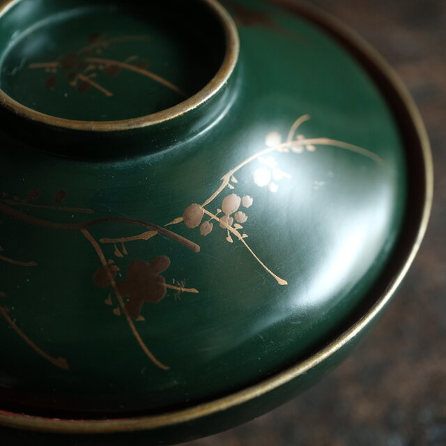 梅と鳥◇深緑で素敵。時代物 漆芸蒔絵蓋付椀 古漆器 骨董・antiques