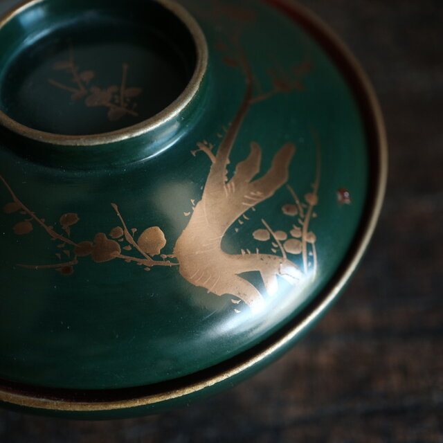 梅と鳥◇深緑で素敵。時代物 漆芸蒔絵蓋付椀 古漆器 骨董・antiques