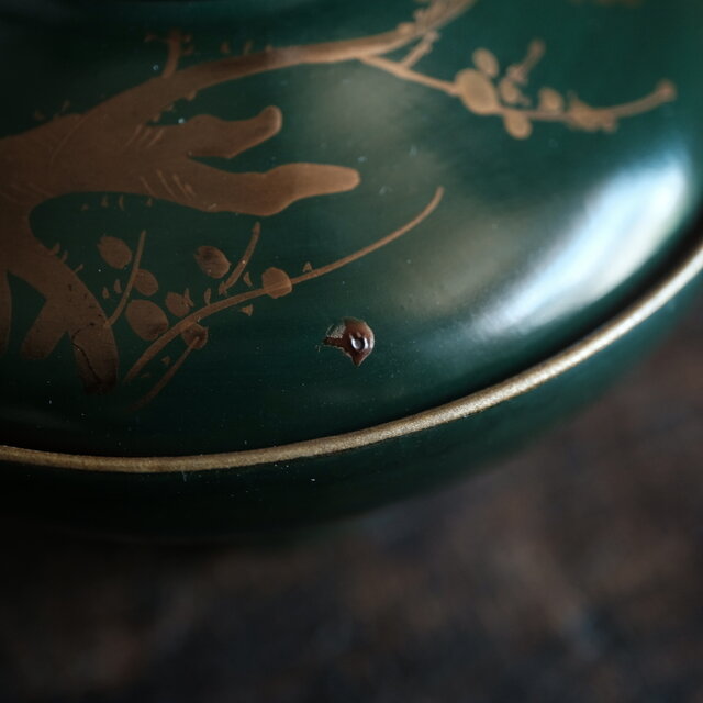 梅と鳥◇深緑で素敵。時代物 漆芸蒔絵蓋付椀 古漆器 骨董・antiques