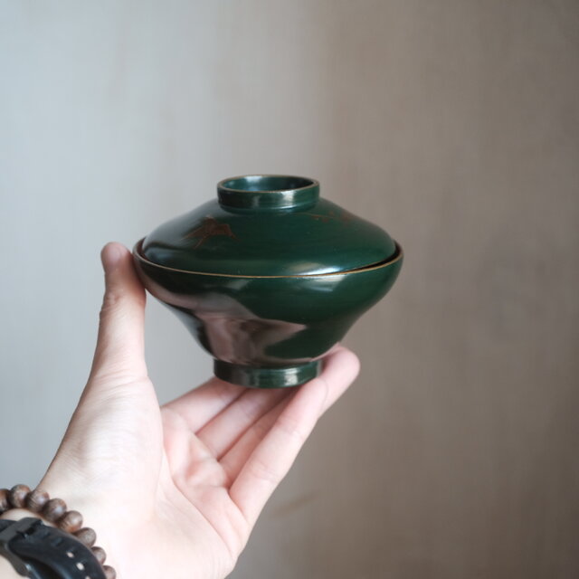 梅と鳥◇深緑で素敵。時代物 漆芸蒔絵蓋付椀 古漆器 骨董・antiques