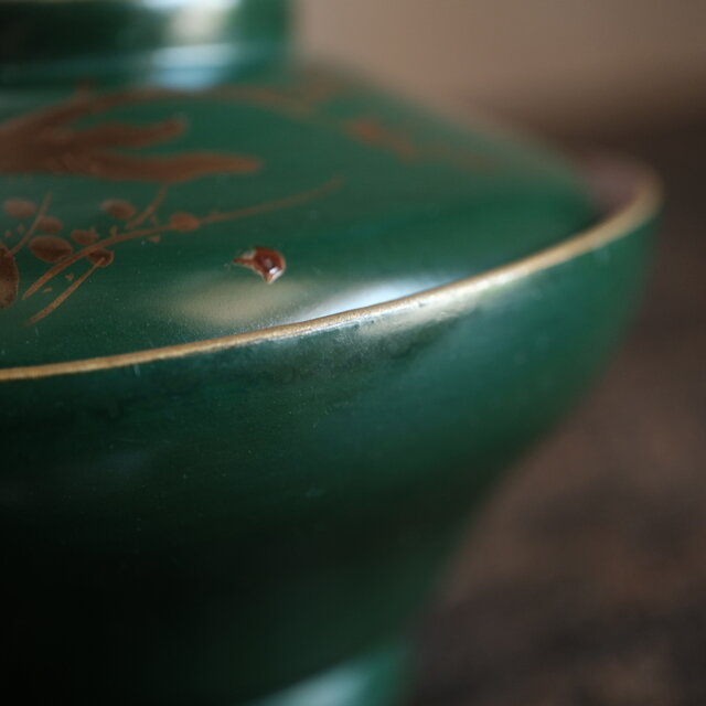 梅と鳥◇深緑で素敵。時代物 漆芸蒔絵蓋付椀 古漆器 骨董・antiques