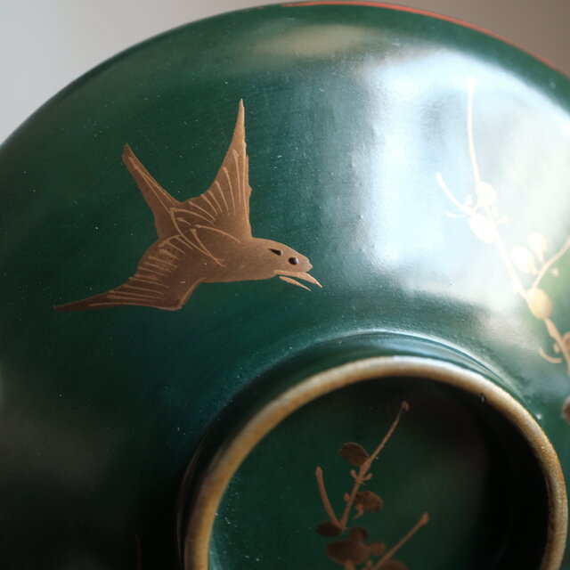 梅と鳥◇深緑で素敵。時代物 漆芸蒔絵蓋付椀 古漆器 骨董・antiques