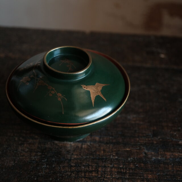 梅と鳥◇深緑で素敵。時代物 漆芸蒔絵蓋付椀 古漆器 骨董・antiques