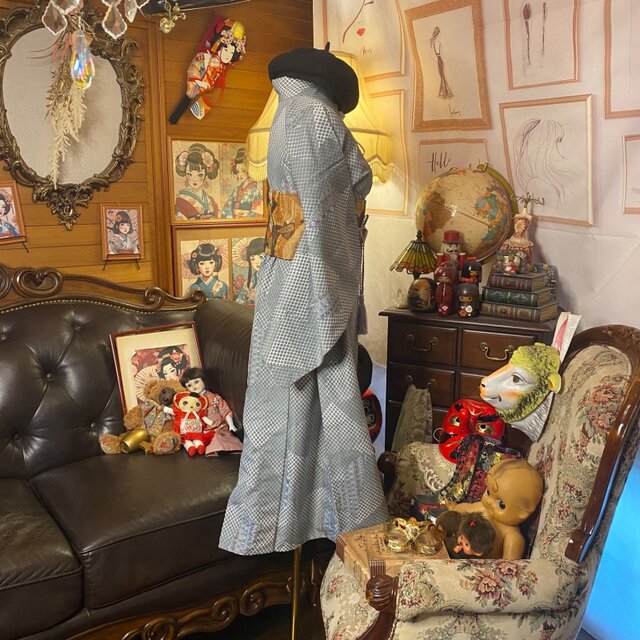 単衣着物リメイク セミロングワンピース／ドレス／洗える化繊 名古屋帯