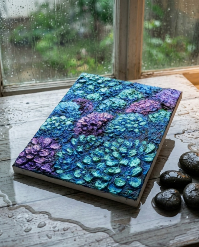 油絵 原画【群青のトパーズ】あじさい 紫陽花 絵画 インテリア 額なし
