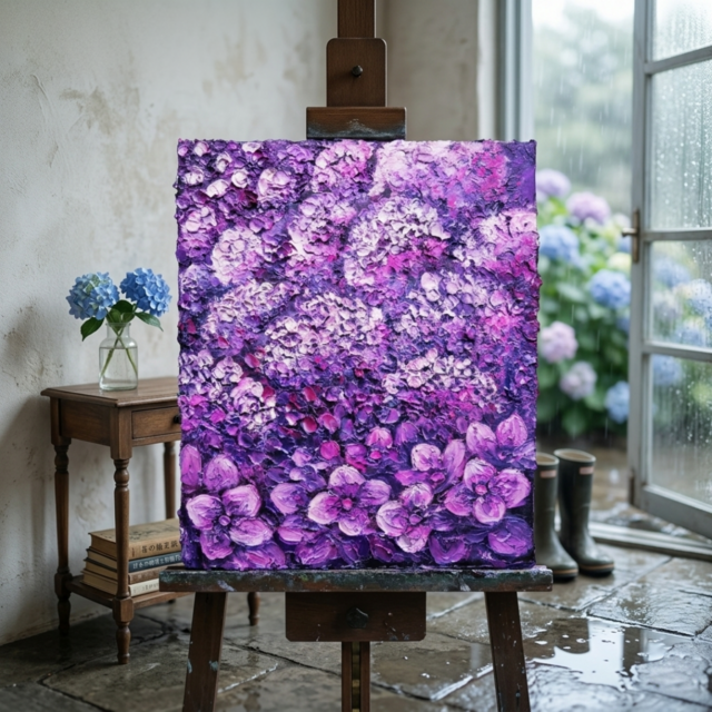 紫陽花 ハンドメイド絵画【永遠に咲く雨の宝石】油絵 原画 初夏 紫陽花 ハンドメイド絵画【永遠に咲く雨の宝石】油絵 原画 初夏