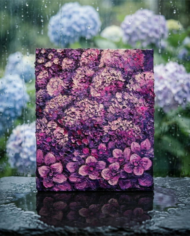 作家物 迫力 紫陽花 アジサイ 絵 絵画 72×64cm 紫陽花 ハンドメイド絵画【永遠に咲く雨の宝石】油絵 原画 初夏