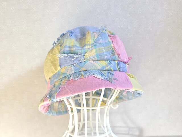 魅せる☆【予約販売】一点物♪パッチワーク風コットンのハット～ブルー