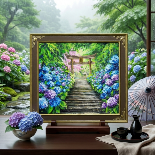 神々が隠した青の小径】油絵 原画＊あじさい咲く神社の一筋の光／初夏