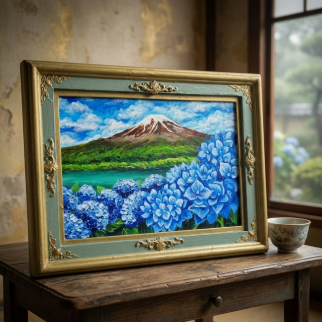 油絵 原画『 初夏の息吹、冠雪の富士 』あじさいと富士山 / 絵画