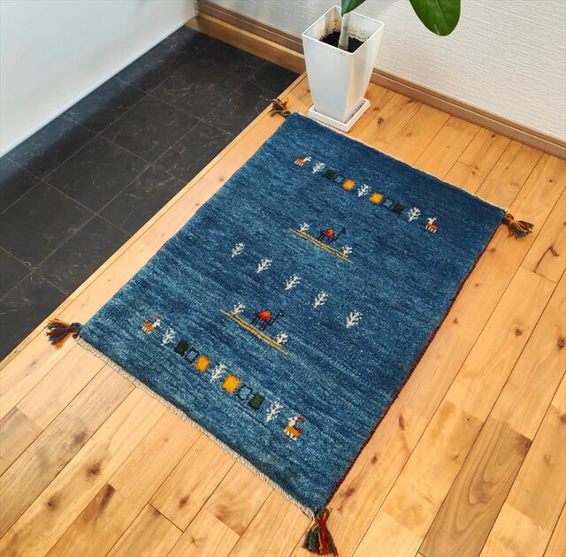 手織り ペルシャ ギャッベ 玄関マット ラグ 88x65cm 青色 ラクダ 生命