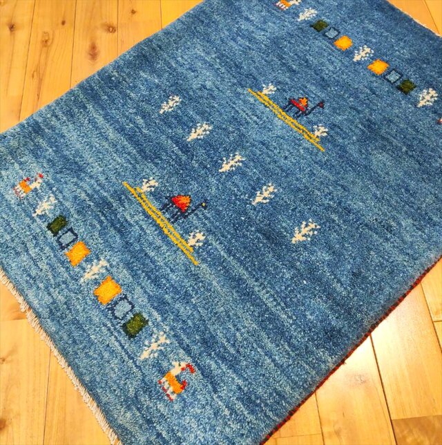 手織り ペルシャ ギャッベ 玄関マット ラグ 88x65cm 青色 ラクダ 生命