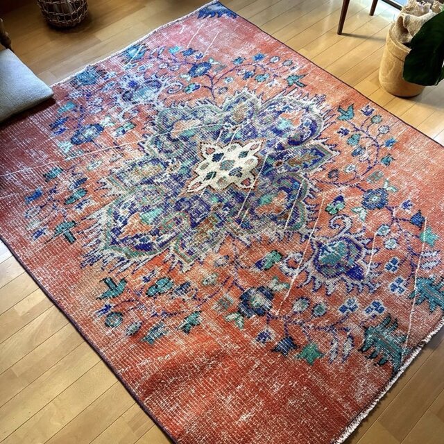 138×162夕焼けサンセットカラー メダリオン トルコヴィンテージラグ