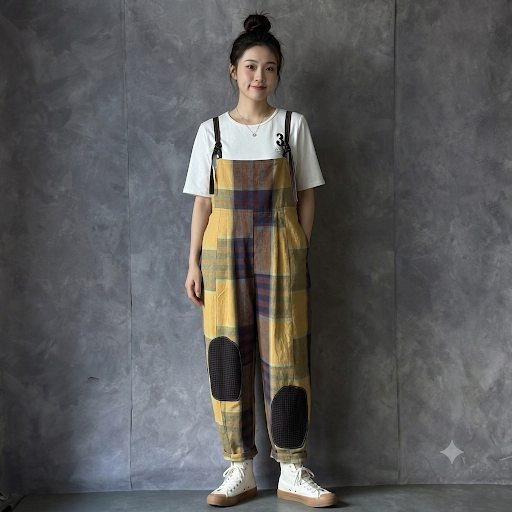 着物リメイク 布団布、格子紋様木綿布をサロペット パンツにリメイク