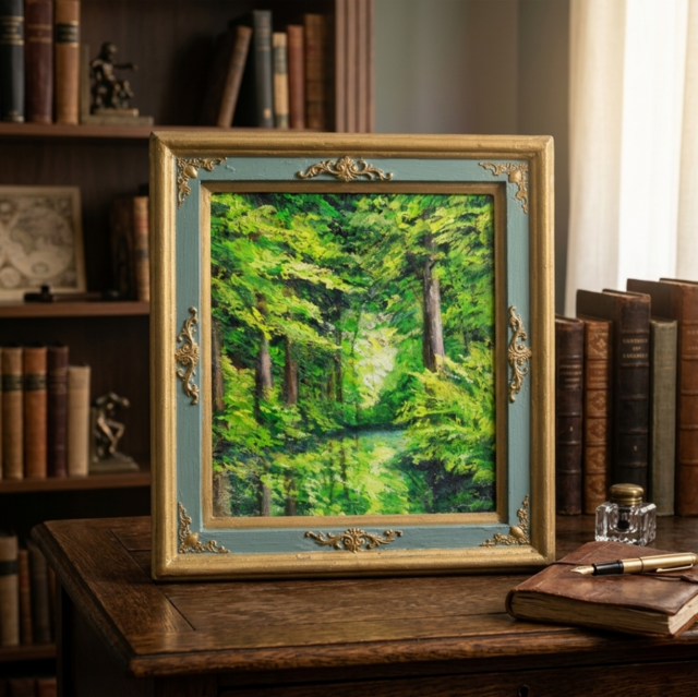 油絵【光織りなす翡翠の森】絵画 新緑 初夏 森 風景画 額縁付 インテリア 油絵【光織りなす翡翠の森】 新緑 初夏 森 風景画 絵画 額縁付き
